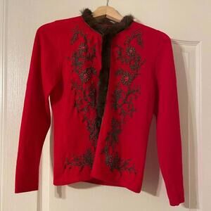 Baglietto Italian red  Cardigan with fur trim, beading, and bronze braid detail